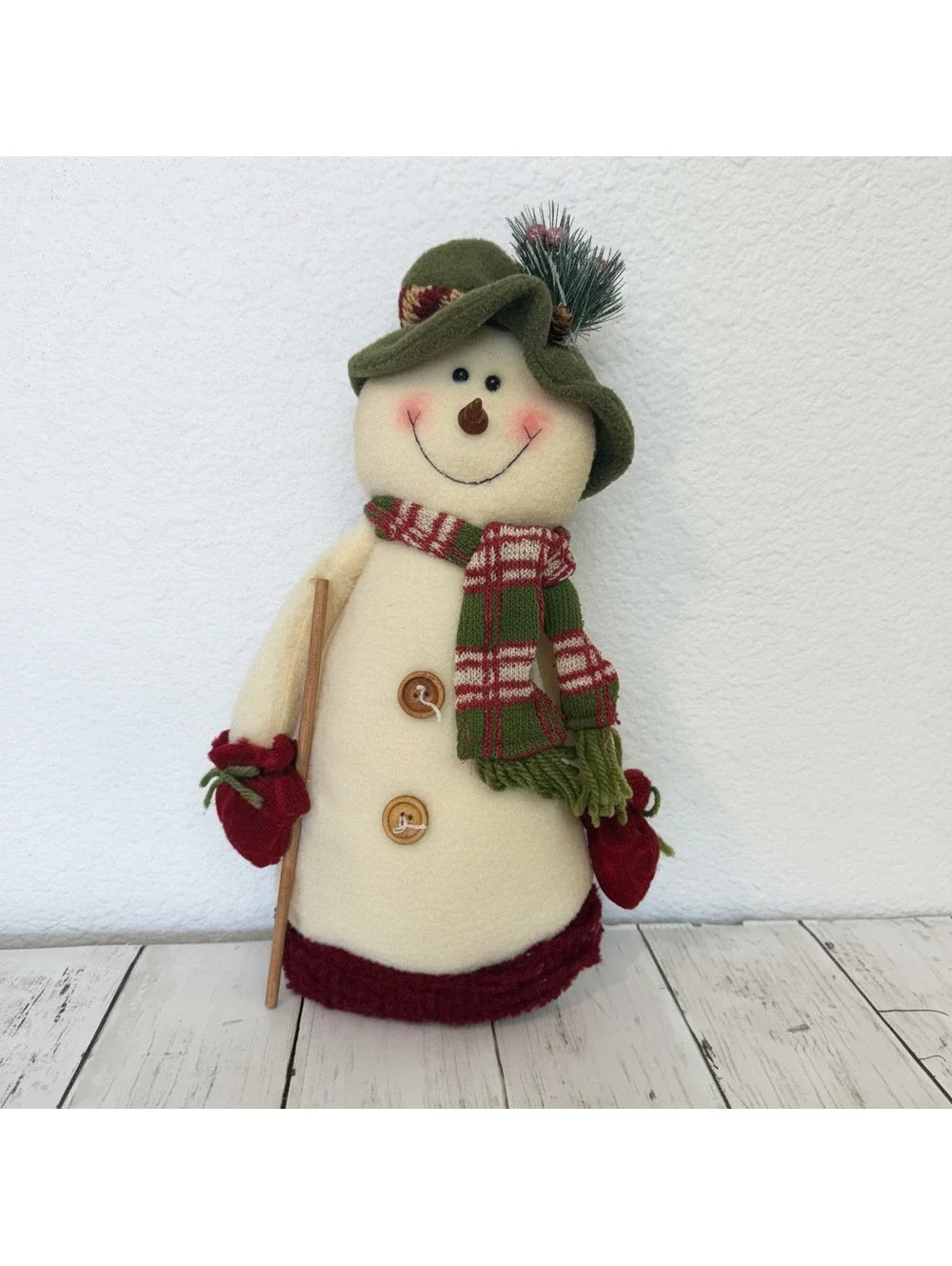 Festive Snowman Holiday Decoration with Plaid Scarf and Green Hat
